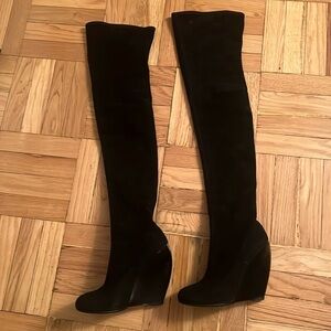 Alaia Black Suede Over The Knee Boots with Wedge Heel, Size 41